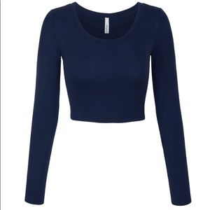 KOGMO Womens Long Sleeve Crop Top Solid Round Neck